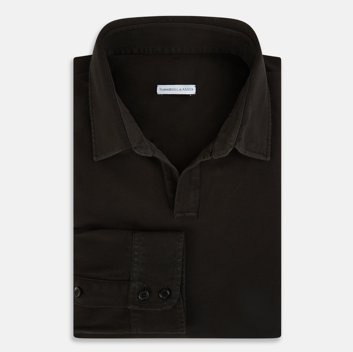 View 5 of product A brown Rugby Polo Shirt by Turnbull & Asser, made of pure cotton with long sleeves, a collar, and a short buttonless placket, is laid flat on a white background.