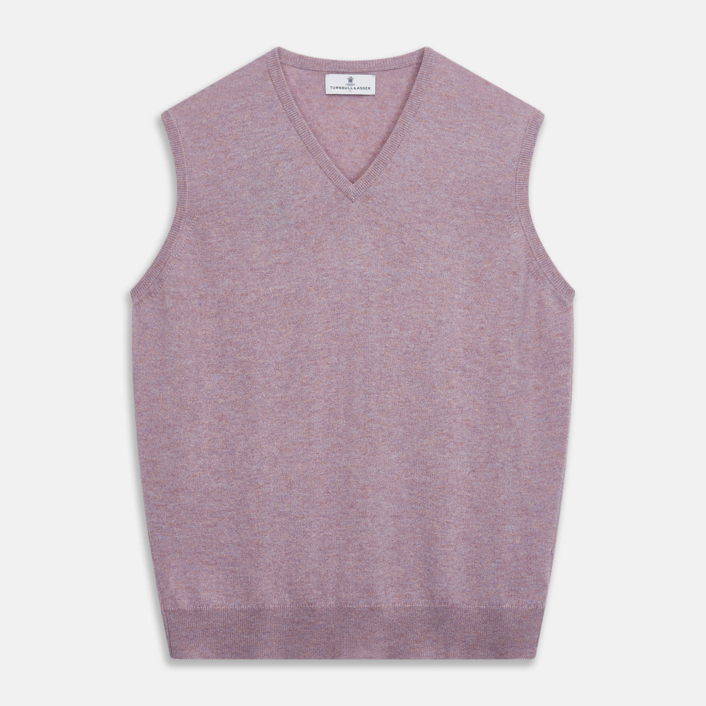 The Turnbull & Asser Lilac Heather Ifor Cashmere Slipover is a sleeveless, V-neck knit vest in soft cashmere, shown flat against a white background.