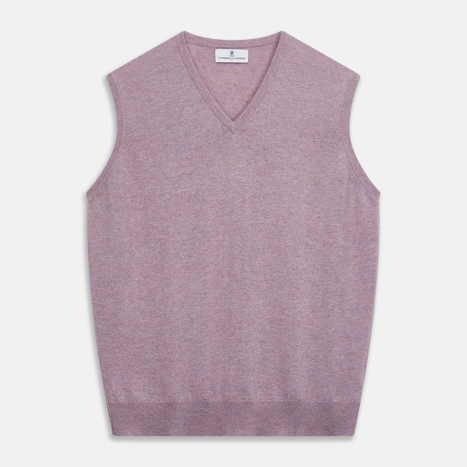 View 1 of product The Turnbull & Asser Lilac Heather Ifor Cashmere Slipover is a sleeveless, V-neck knit vest in soft cashmere, shown flat against a white background.