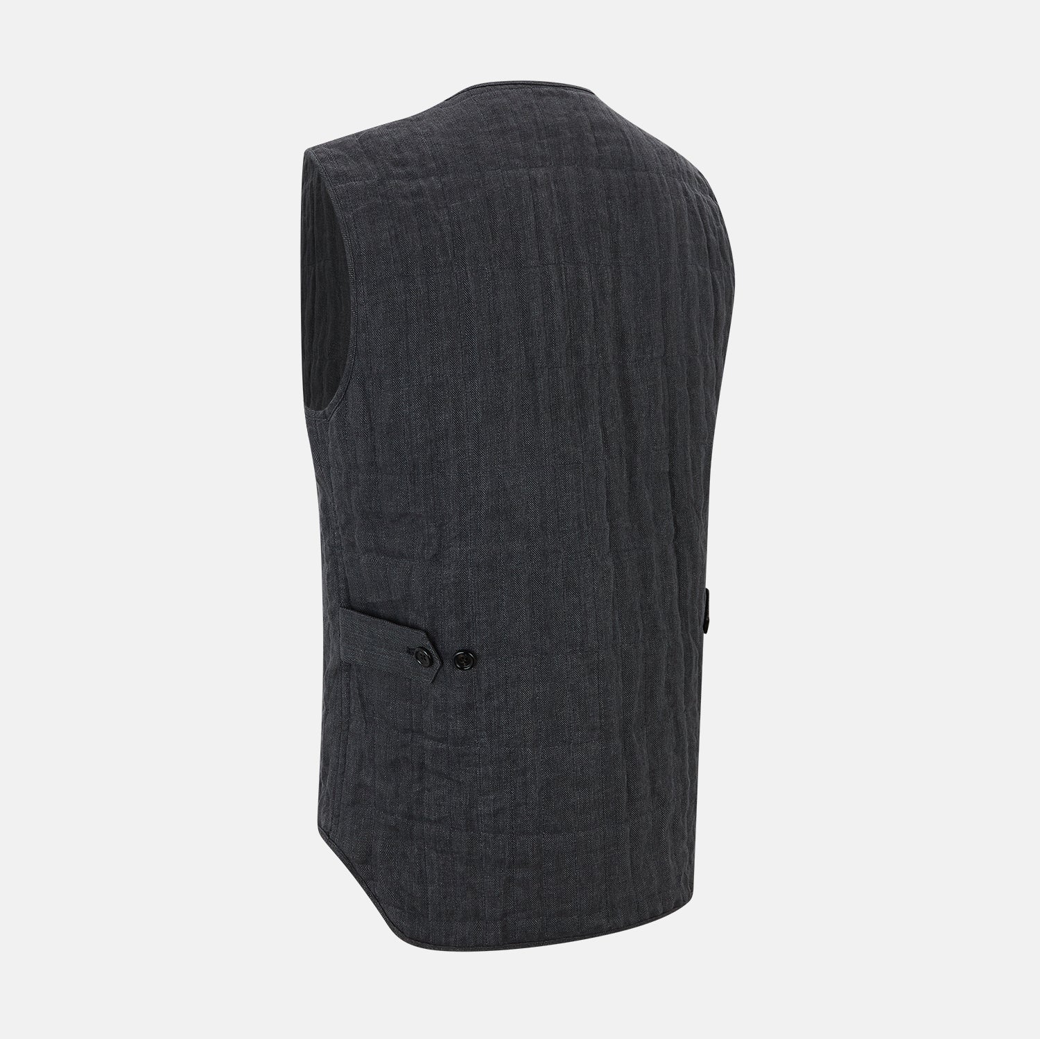 View 4 of product The Turnbull & Asser Ash Quilted Linen Herringbone Waistcoat is sleeveless and dark gray with a V-neck, two zippered side pockets, and a small chest pocket, shown on a plain white background.