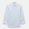 View 1 of product The Turnbull & Asser Colony Blue Grid Check Mayfair Shirt features long sleeves, a button-down front, Italian cotton fabric, a spread collar, and buttoned cuffs, shown against a plain white background.