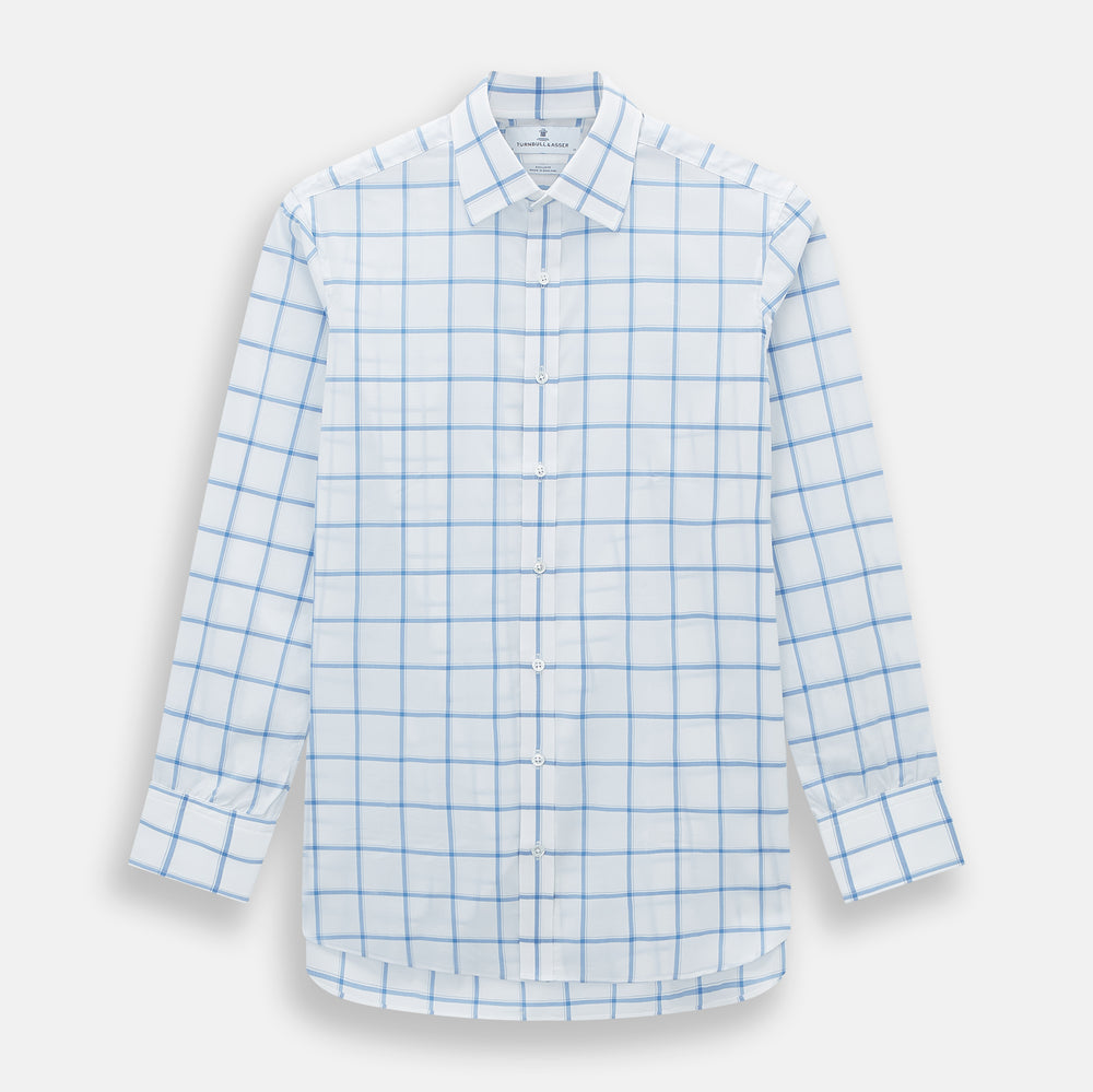 The Turnbull & Asser Colony Blue Grid Check Mayfair Shirt features long sleeves, a button-down front, Italian cotton fabric, a spread collar, and buttoned cuffs, shown against a plain white background.
