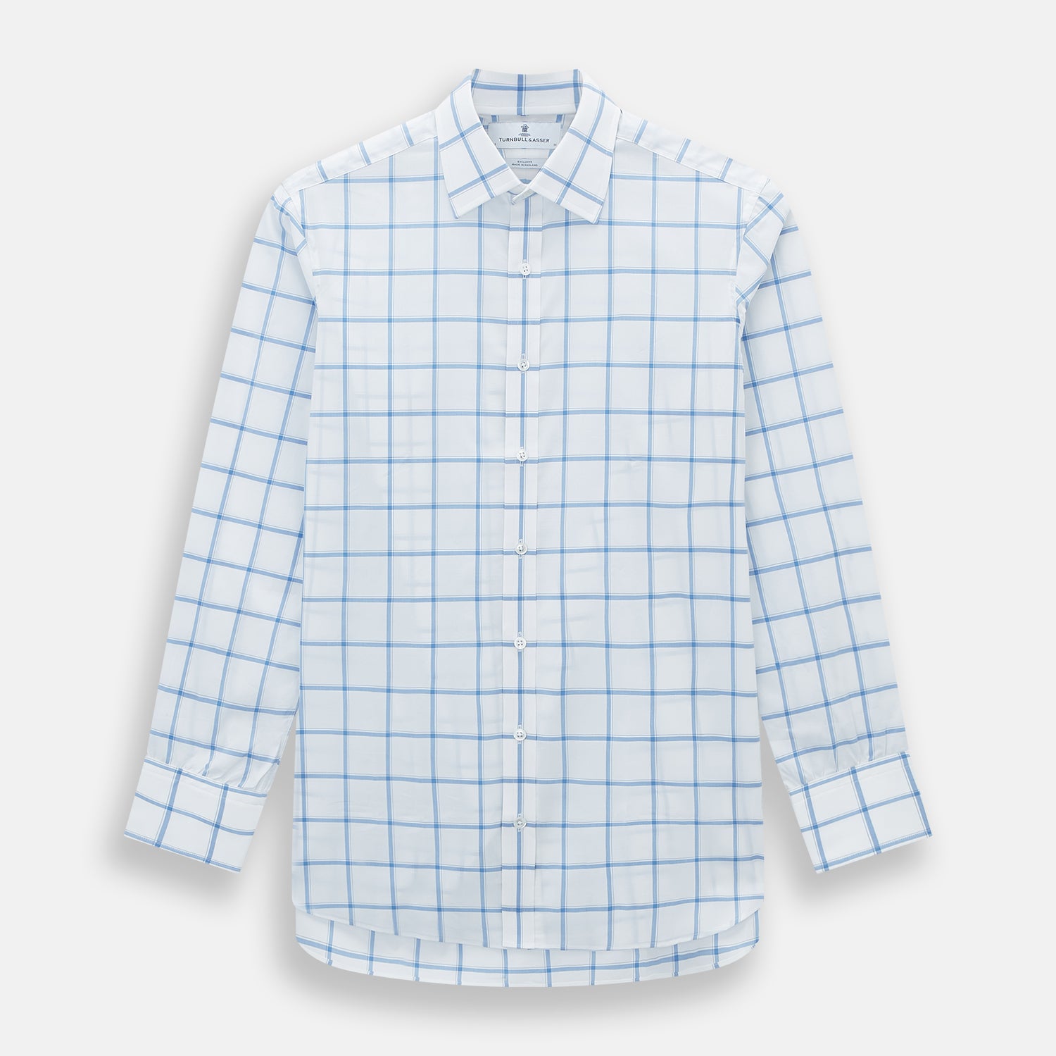 View 1 of product The Turnbull & Asser Colony Blue Grid Check Mayfair Shirt features long sleeves, a button-down front, Italian cotton fabric, a spread collar, and buttoned cuffs, shown against a plain white background.