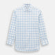 The Turnbull & Asser Colony Blue Grid Check Mayfair Shirt features long sleeves, a button-down front, Italian cotton fabric, a spread collar, and buttoned cuffs, shown against a plain white background.