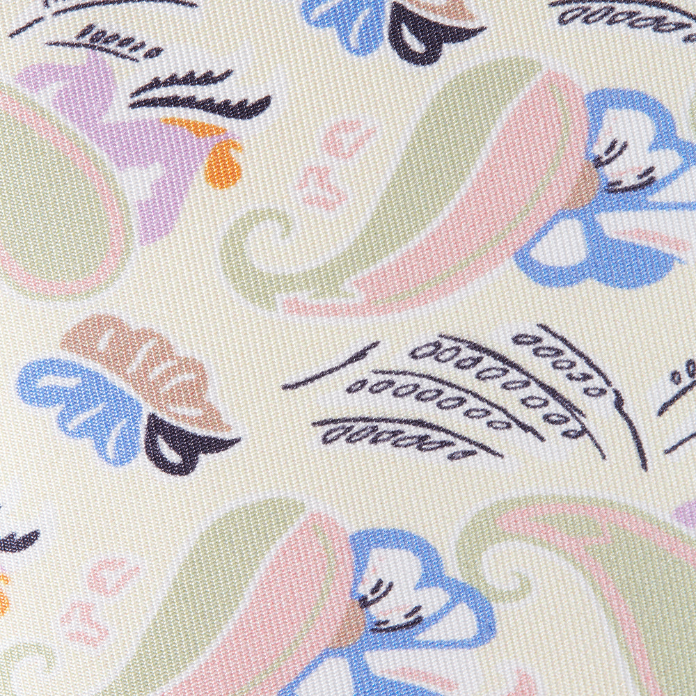 A rolled-up Cream Multi Bloomsbury-Inspired Pattern Silk Tie by Turnbull & Asser, featuring a pastel floral and paisley design in green, blue, pink, and orange tones, displayed on a white background.