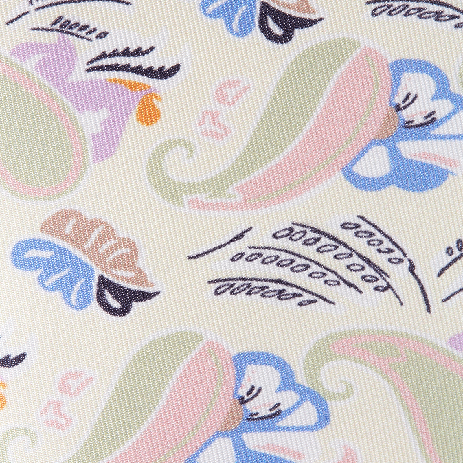 View 3 of product A rolled-up Cream Multi Bloomsbury-Inspired Pattern Silk Tie by Turnbull & Asser, featuring a pastel floral and paisley design in green, blue, pink, and orange tones, displayed on a white background.