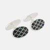 View 1 of product Turnbull & Asser's Forest Green and Navy Checkered Oval Enamel Chain Cufflinks offer masculine elegance with their striking enamel pattern against a refined silver finish.