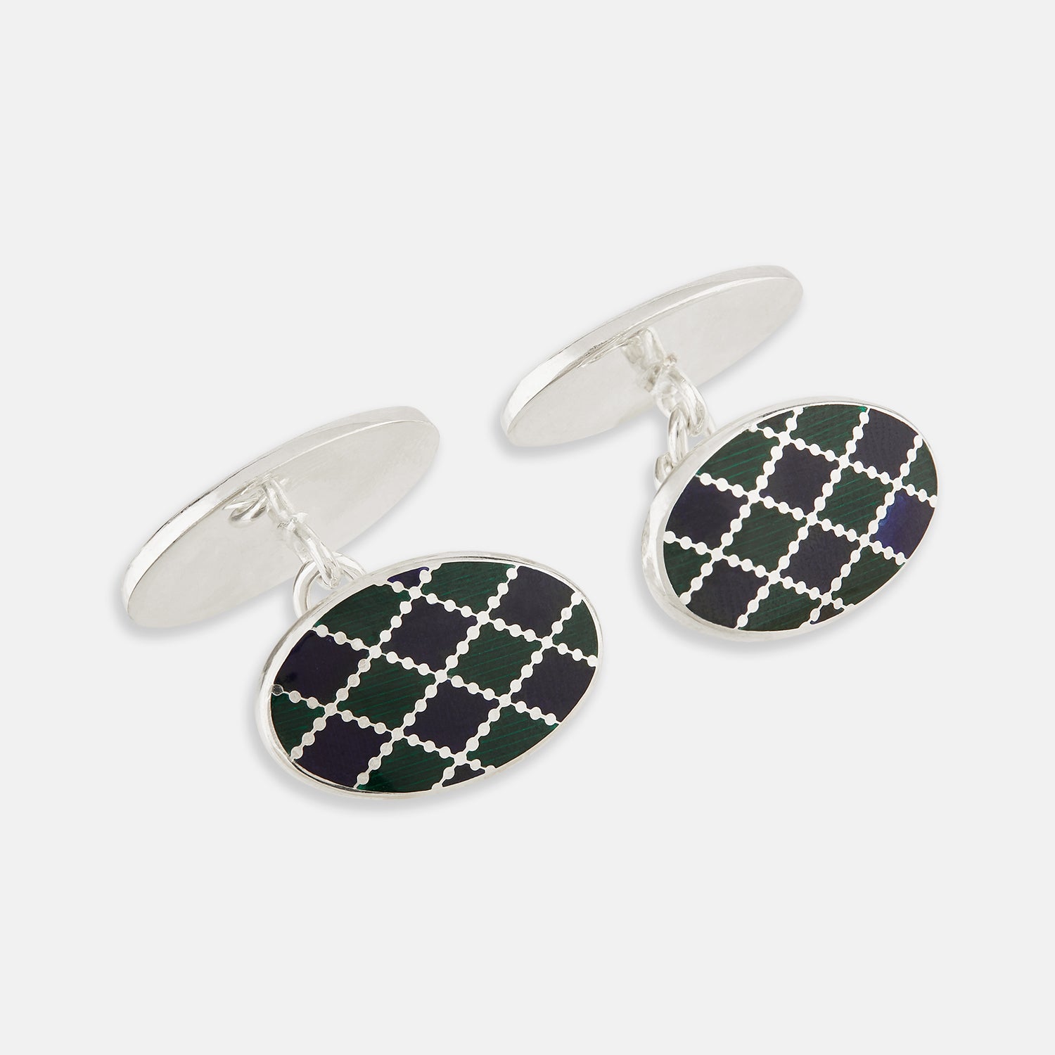 View 1 of product Turnbull & Asser's Forest Green and Navy Checkered Oval Enamel Chain Cufflinks offer masculine elegance with their striking enamel pattern against a refined silver finish.