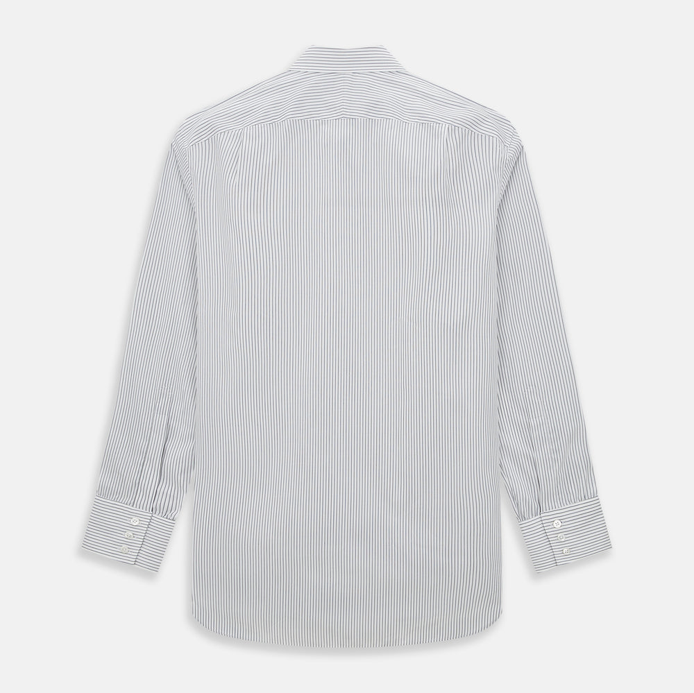 The Navy Music Stripe Mayfair Shirt by Turnbull & Asser features thin vertical blue and white stripes, a classic T&A collar, and long sleeves, shown on a plain white background.