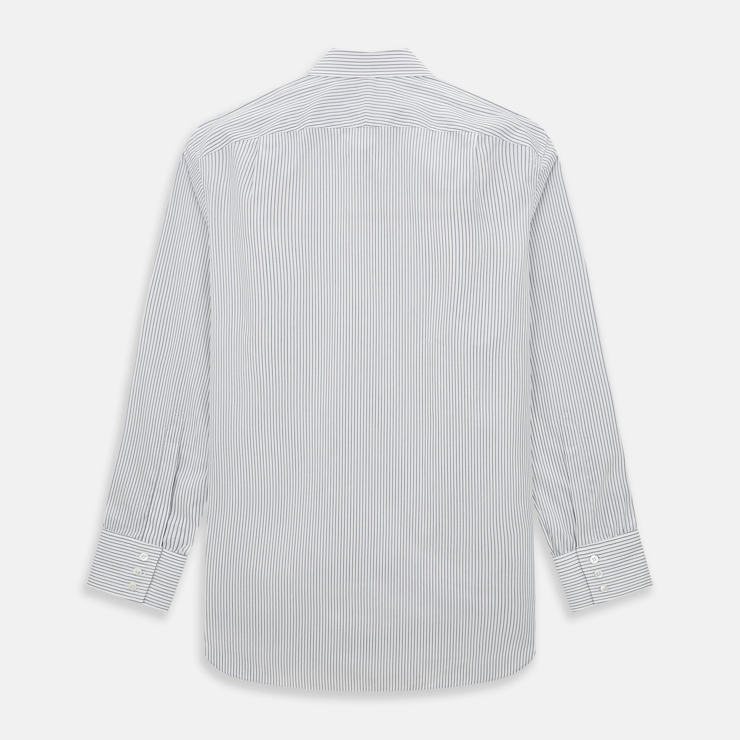 View 3 of product The Navy Music Stripe Mayfair Shirt by Turnbull & Asser features thin vertical blue and white stripes, a classic T&A collar, and long sleeves, shown on a plain white background.