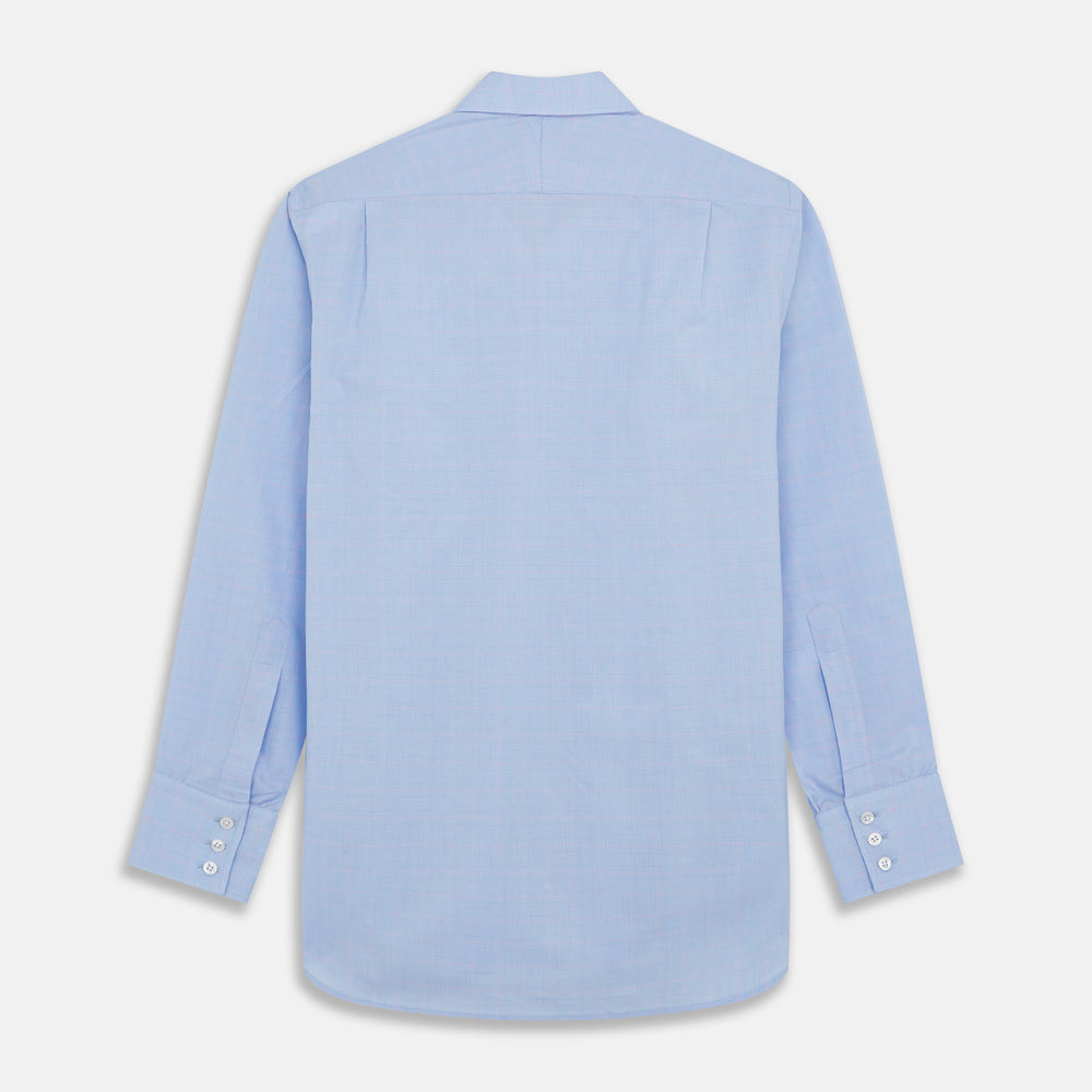 A Turnbull & Asser Blue and Pink Prince of Wales Check Mayfair Shirt with long sleeves, classic collar, buttoned front and cuffs, is neatly laid flat on a white background.