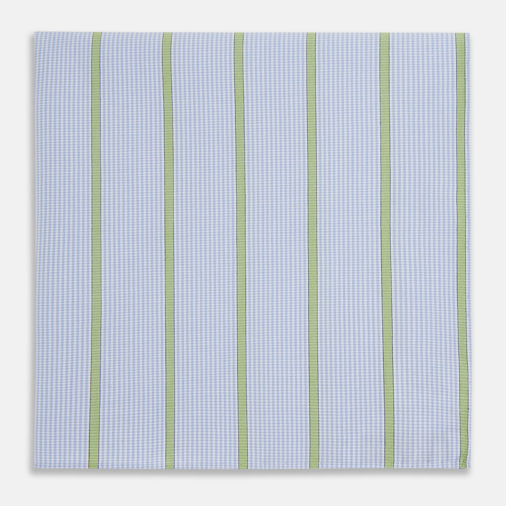 The Turnbull & Asser Hand Rolled Light Green Track Stripe Handkerchief is a crisp, modern cotton accessory featuring evenly spaced light green stripes for a clean, geometric look.