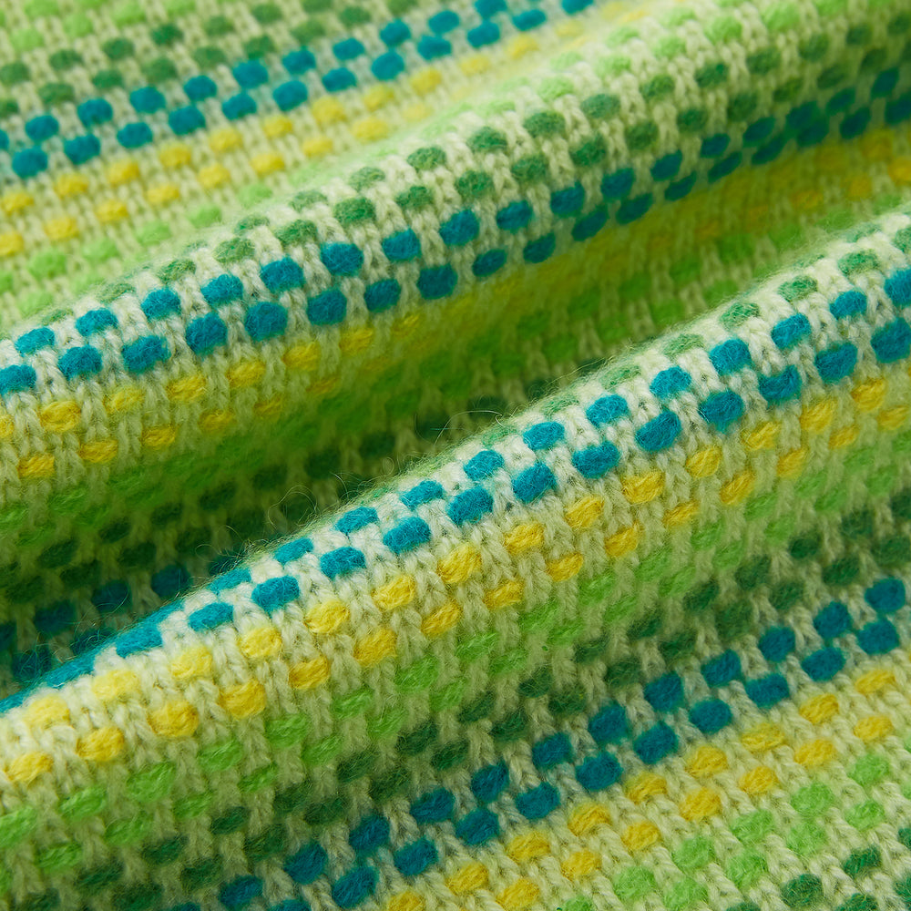 The Turnbull & Asser Green, Yellow and Teal Rib-Jacquard Cashmere Knitted Scarf features horizontal stripes and a luxurious finish—an elegant accessory to elevate any look.