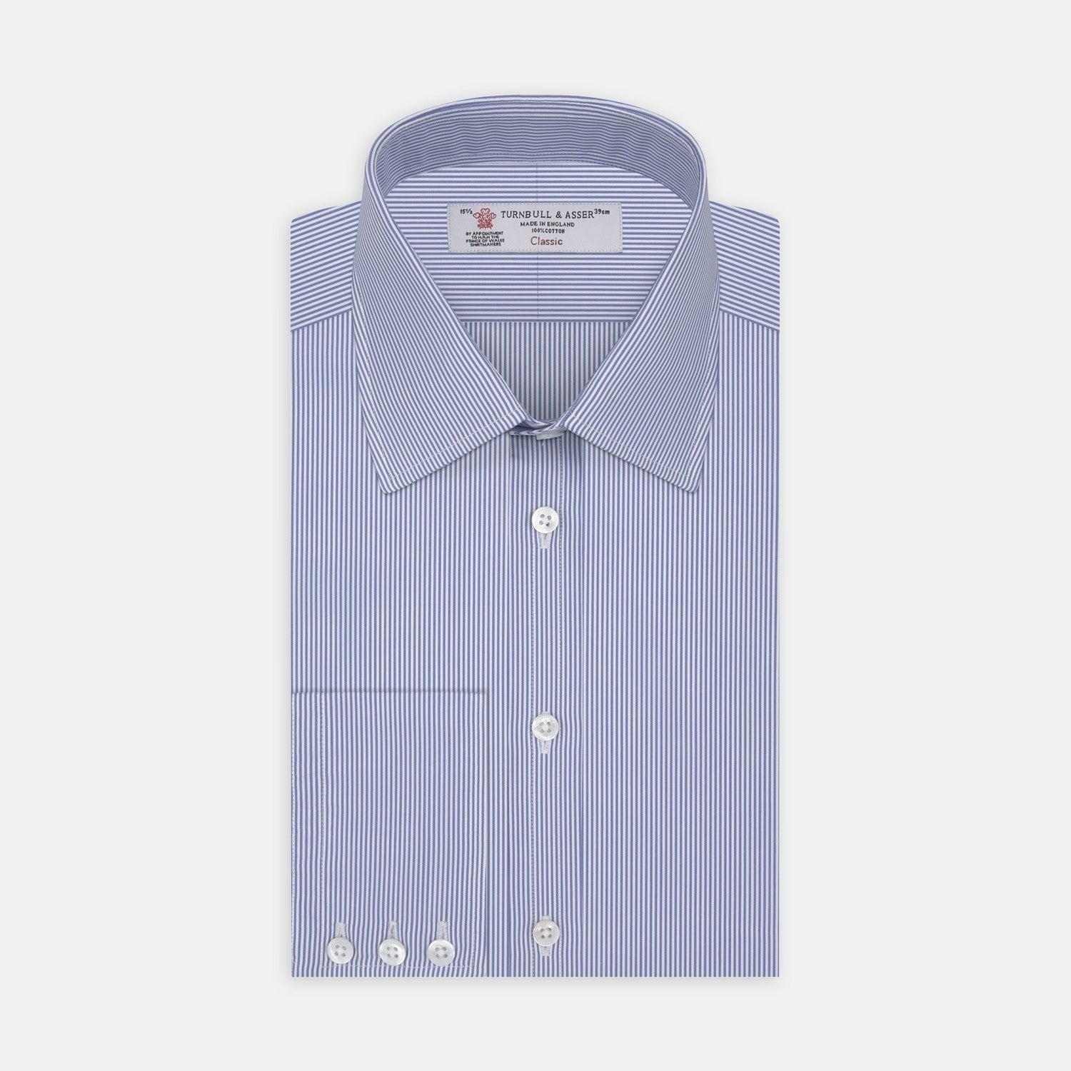 View 2 of product A circle with a gray border features evenly spaced, diagonal blue stripes on a white background, resembling Turnbull & Asser's Blue Fine Bengal Stripe Cotton Fabric. The stripes run from the top left to bottom right.