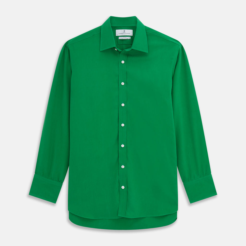 The Green Sandwashed Silk Regular Fit Mayfair Shirt by Turnbull & Asser, featuring long sleeves, a T&A collar, and white buttons, is displayed flat on a white background.