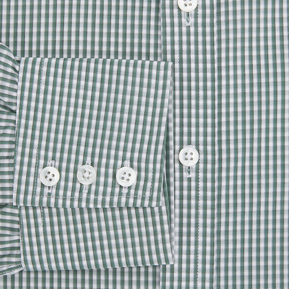 The Turnbull & Asser Green Fine Check Mayfair Shirt, crafted from fine Italian cotton with a pointed collar and buttoned cuffs, is shown laid flat on a white background.