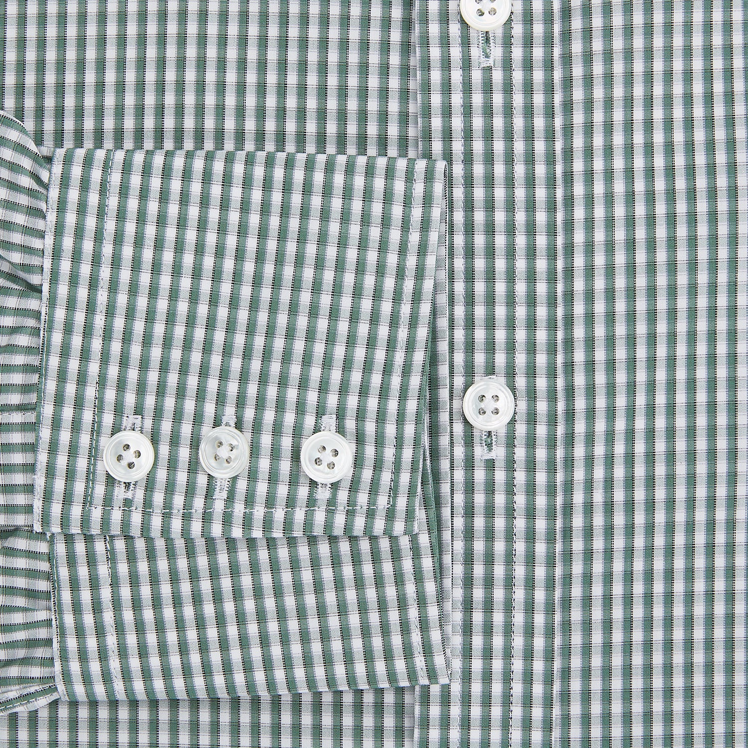 View 4 of product The Turnbull & Asser Green Fine Check Mayfair Shirt, crafted from fine Italian cotton with a pointed collar and buttoned cuffs, is shown laid flat on a white background.