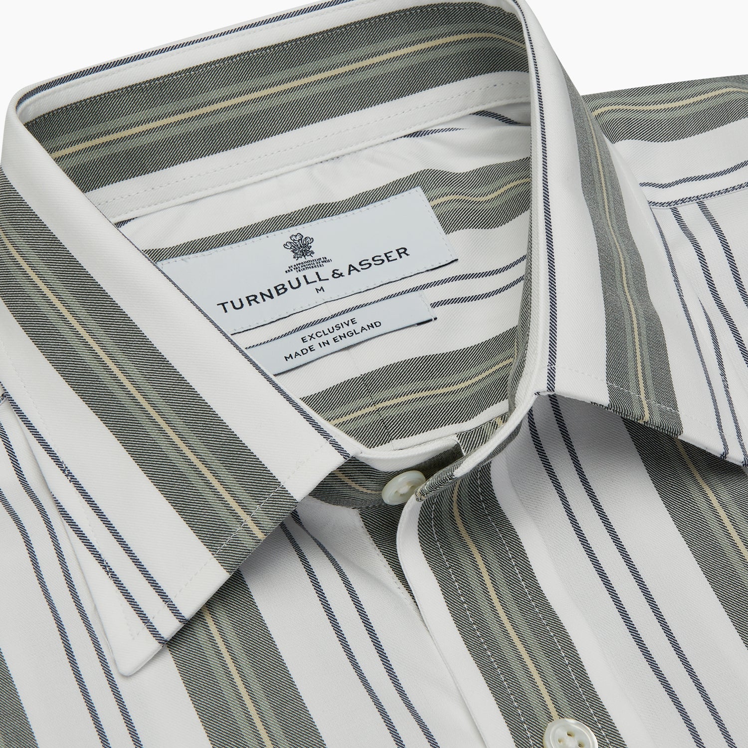 View 4 of product The Turnbull & Asser Green, Blue & White Stripe Weekend Fit Shirt features a Derby collar, 1-button cuffs, and chest pocket—ideal for stylish winter layering and classic sophistication.