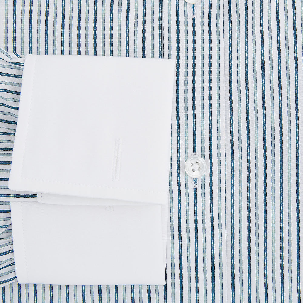 The Turnbull & Asser Green Double Stripe Shirt features a button-up design, contrast T&A collar and cuffs, and is laid flat on a white background.
