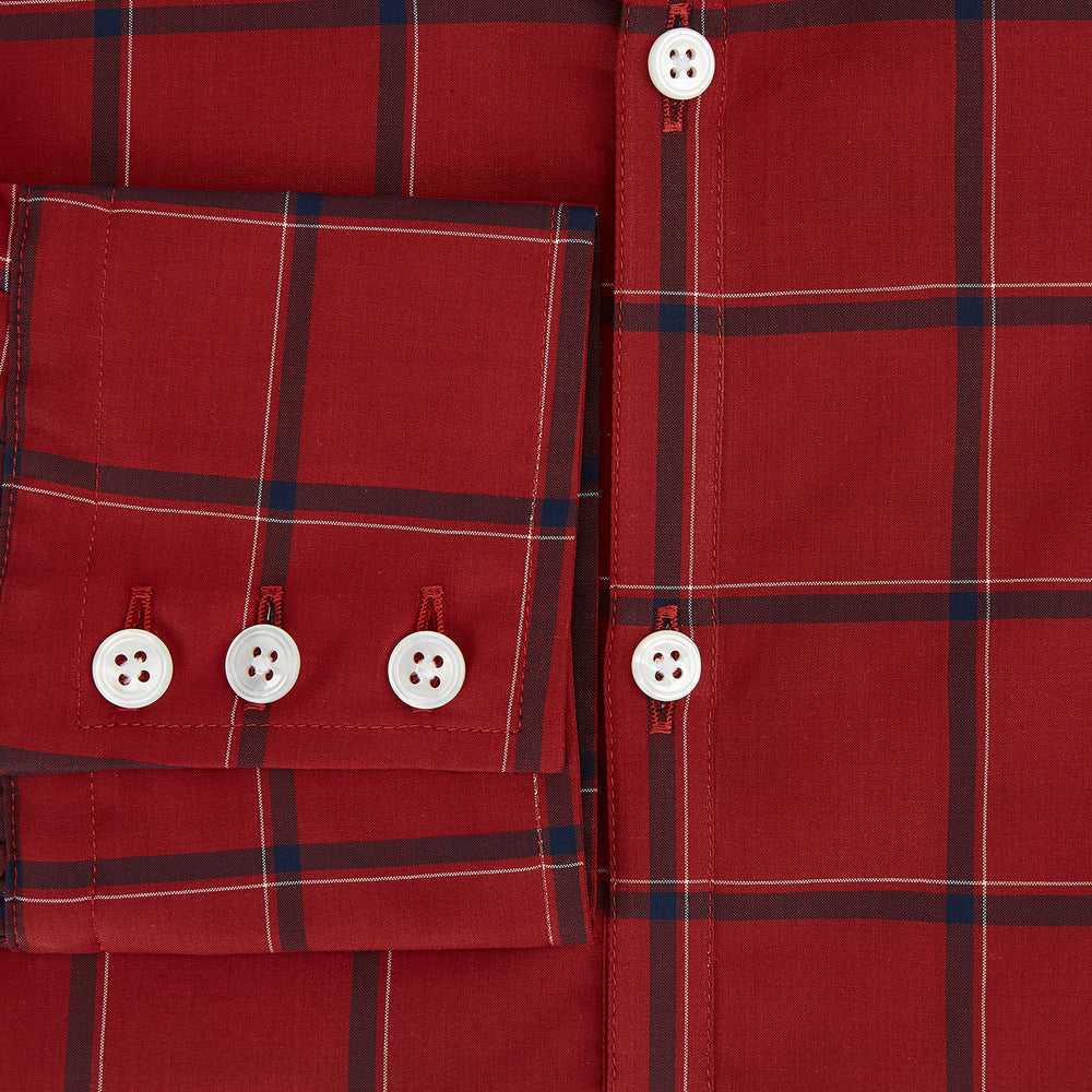 The Turnbull & Asser Dark Red Grid Check Windsor Shirt is a long-sleeved, button-up shirt with a dark red base and black and white grid pattern, displayed flat on a white background.