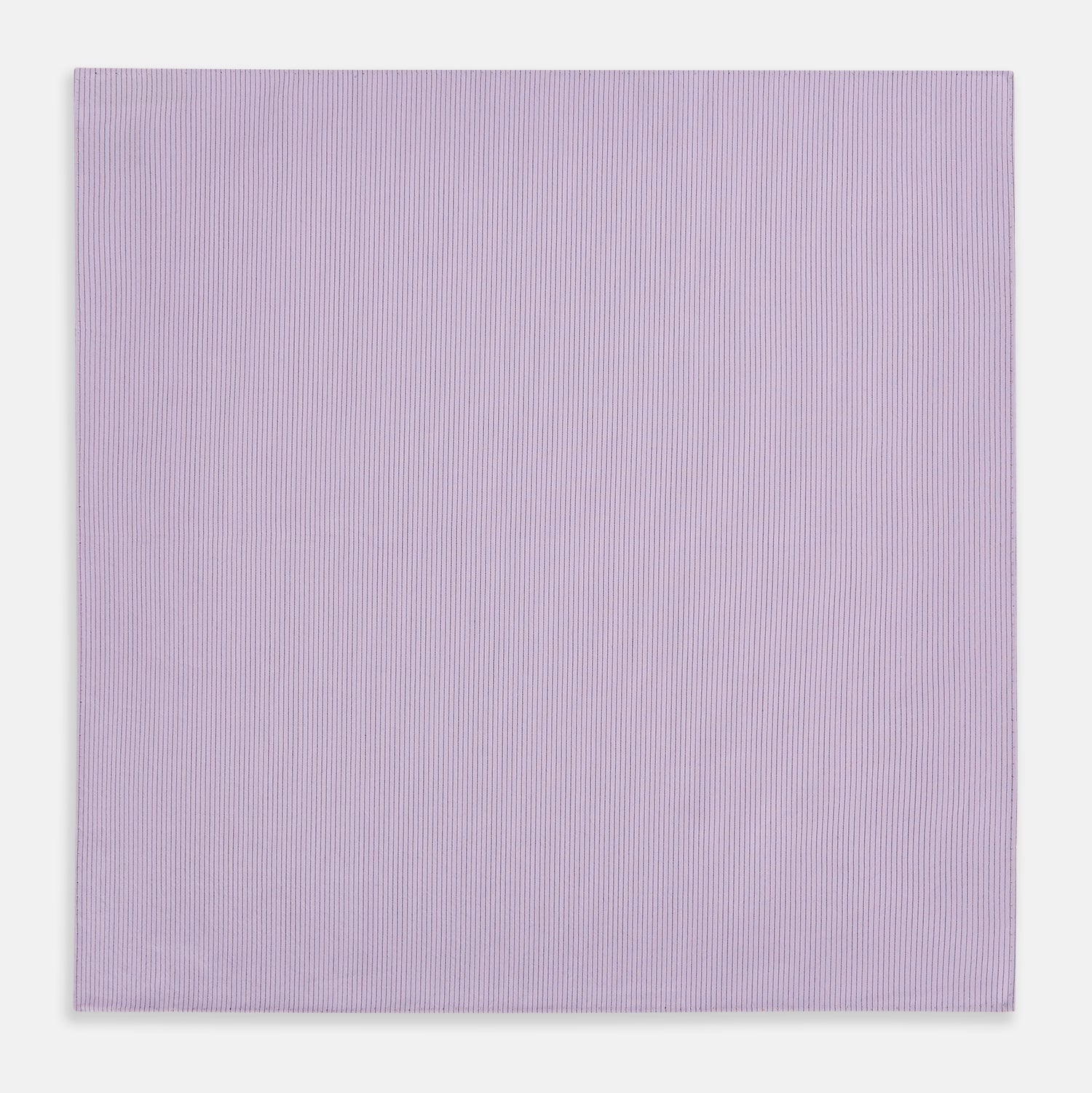 View 3 of product The Turnbull & Asser Lilac Pinstripe Hand-Rolled Handkerchief is a neatly folded, square, lavender piece with a subtle ribbed texture and hand-rolled edges, displayed flat on a white background.