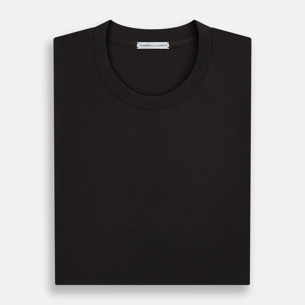 The Turnbull & Asser Dark Chocolate Short-Sleeve T-shirt, shown flat on a white background, features a crew neckline and relaxed fit—offering versatile style and premium comfort for any wardrobe.