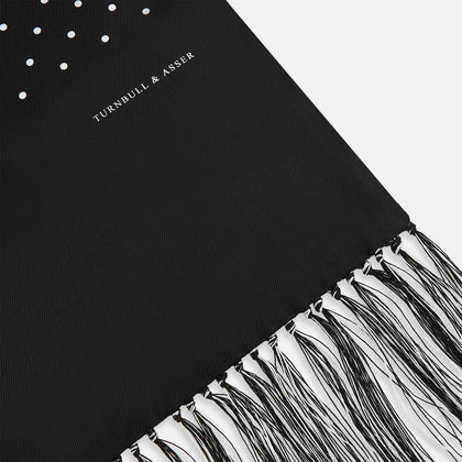 Black and White Spotted Silk Scarf with Fringes Image 1