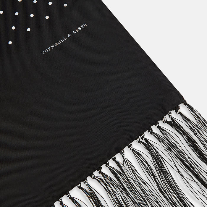 Black and White Spotted Silk Scarf with Fringes Image 1