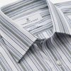 View 2 of product The Turnbull & Asser Green Multi Stripe Regular Fit Shirt features a T&A collar, 3 button cuffs, long sleeves, and vertical blue, green, and white stripes. Laid flat on a white background.