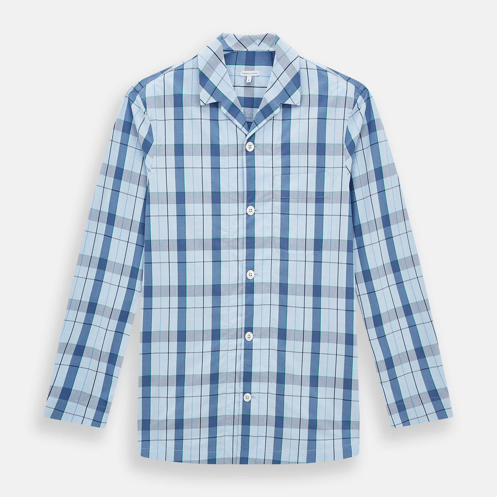 The Turnbull & Asser Blue Multi Check Pyjama Shirt features a blue and white check pattern, long sleeves, and a collar—an elegant loungewear option perfect for nightwear.