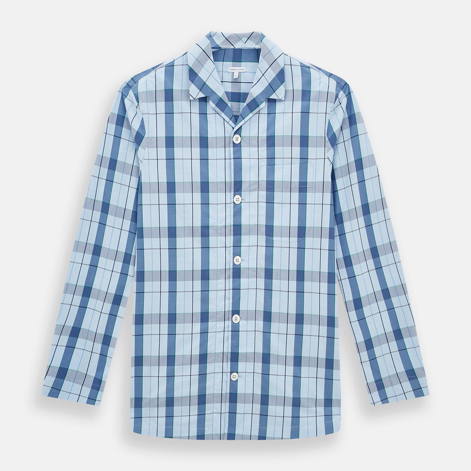 View 1 of product The Turnbull & Asser Blue Multi Check Pyjama Shirt features a blue and white check pattern, long sleeves, and a collar—an elegant loungewear option perfect for nightwear.