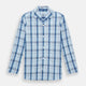 The Turnbull & Asser Blue Multi Check Pyjama Shirt features a blue and white check pattern, long sleeves, and a collar—an elegant loungewear option perfect for nightwear.