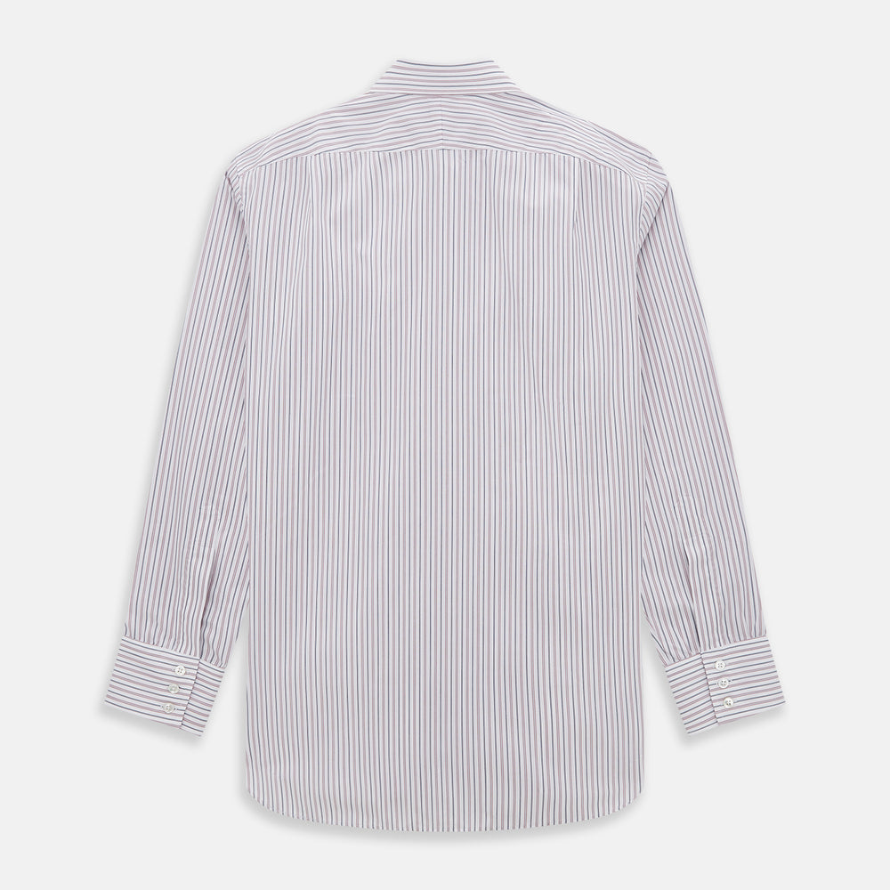 The Turnbull & Asser Red Multi Stripe Mayfair Shirt is a long-sleeve, button-up classic with a sharp collar and vibrant red multi stripes—an essential men's piece shown against a white background.