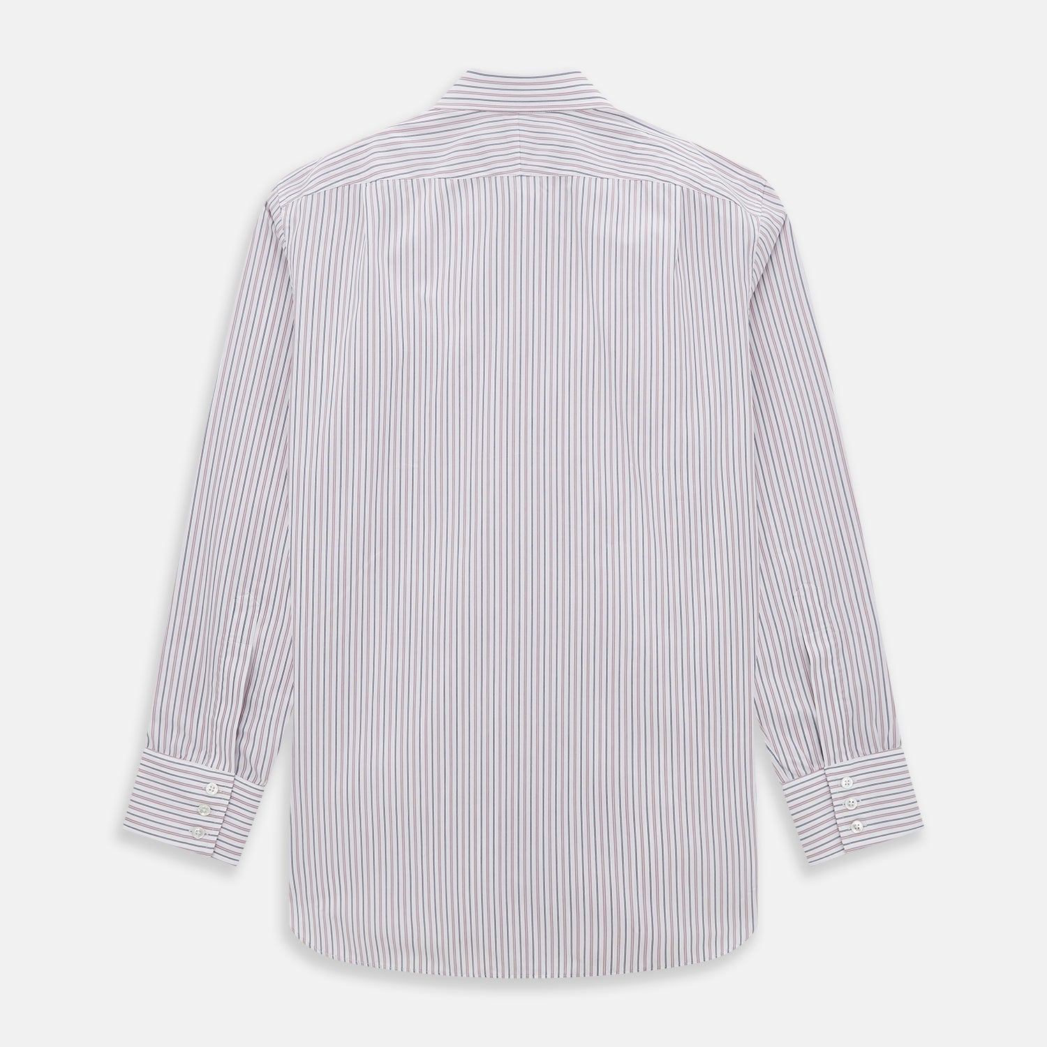 View 3 of product The Turnbull & Asser Red Multi Stripe Mayfair Shirt is a long-sleeve, button-up classic with a sharp collar and vibrant red multi stripes—an essential men's piece shown against a white background.