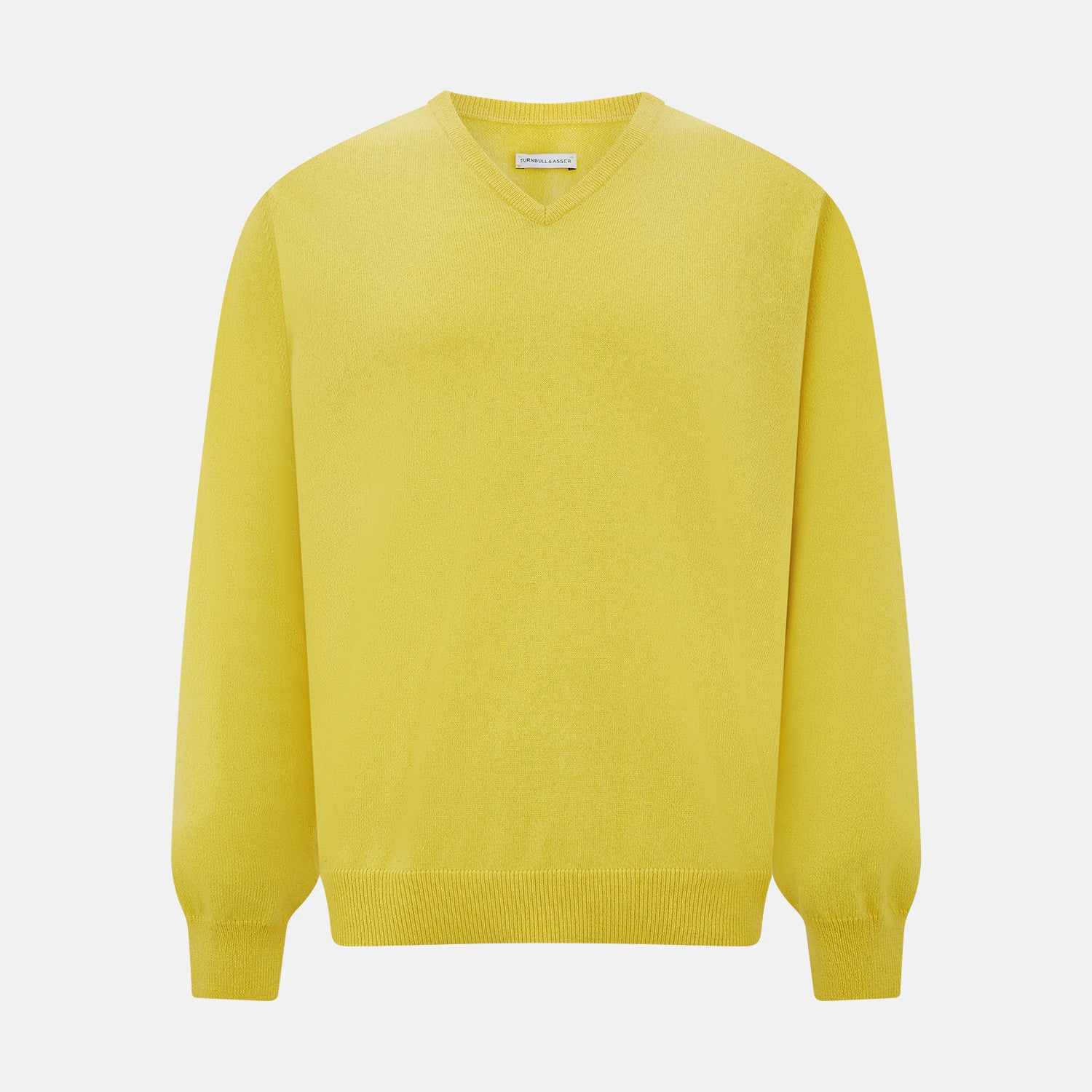 View 1 of product The Turnbull & Asser Canary Yellow Cashmere V-neck Jumper features long sleeves and ribbed cuffs and hem, shown against a white background.