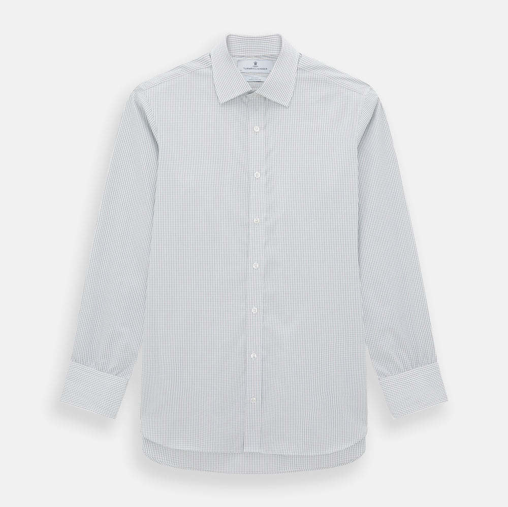 A Forest Melange and Red Graph Check Mayfair Shirt by Turnbull & Asser, featuring a classic T&A collar, button-down front, and buttoned cuffs, crafted from fine Italian cotton and shown on a plain white background.