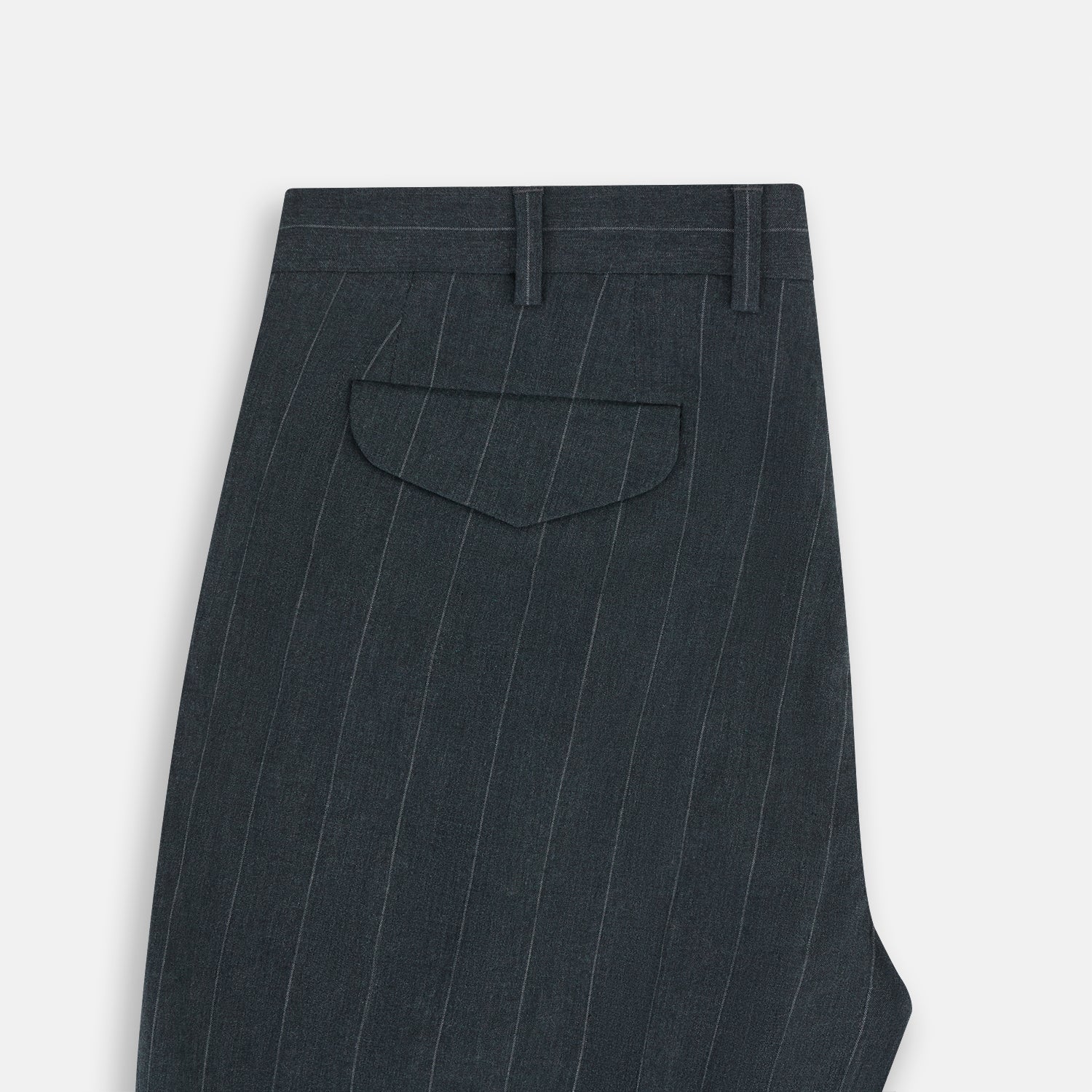 View 5 of product A pair of Forest Green Striped Edmund trousers by Turnbull & Asser, featuring a button and zip closure, belt loops, and a tailored straight-leg fit, shown against a plain white background.