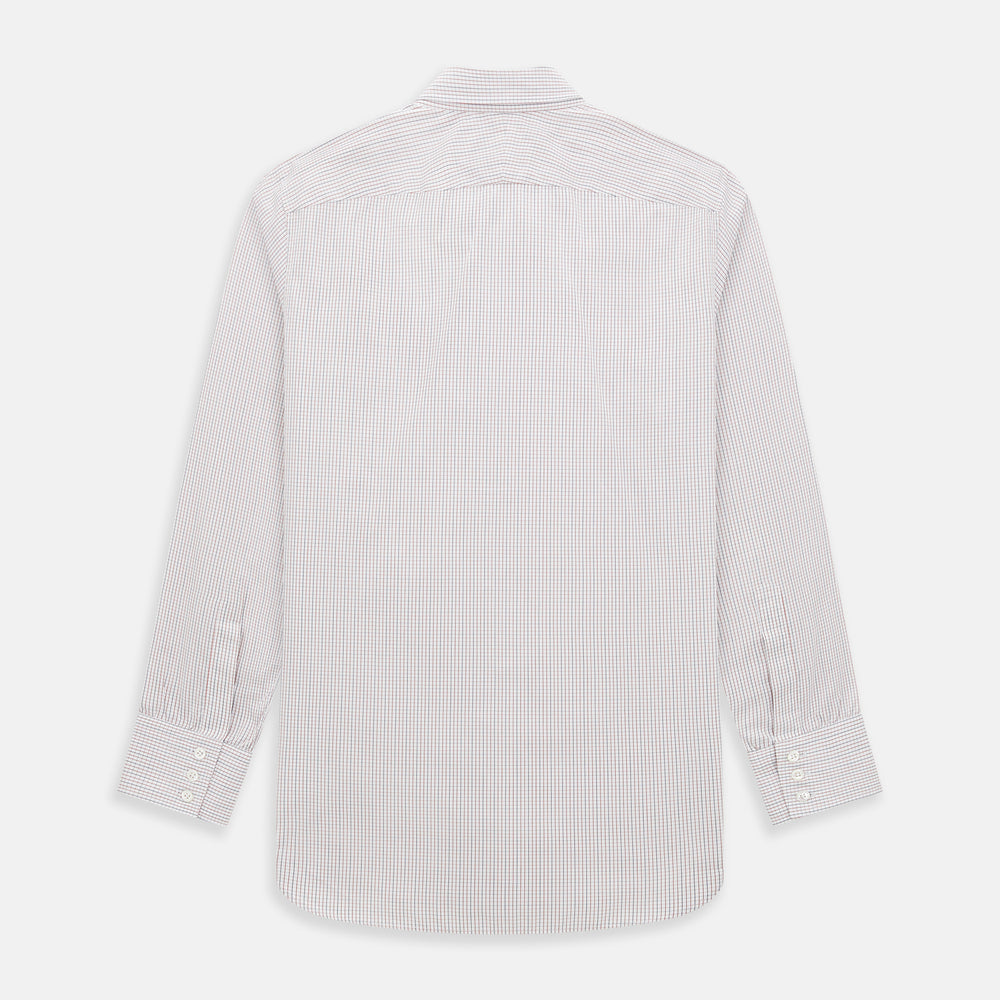 The Turnbull & Asser Red and Navy Check Windsor Shirt features a pointed collar and cuffed long sleeves, highlighting British craftsmanship. Displayed flat on a white background.