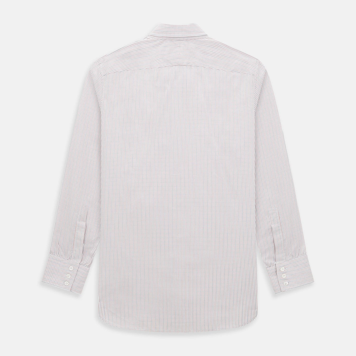 View 3 of product The Turnbull & Asser Red and Navy Check Windsor Shirt features a pointed collar and cuffed long sleeves, highlighting British craftsmanship. Displayed flat on a white background.