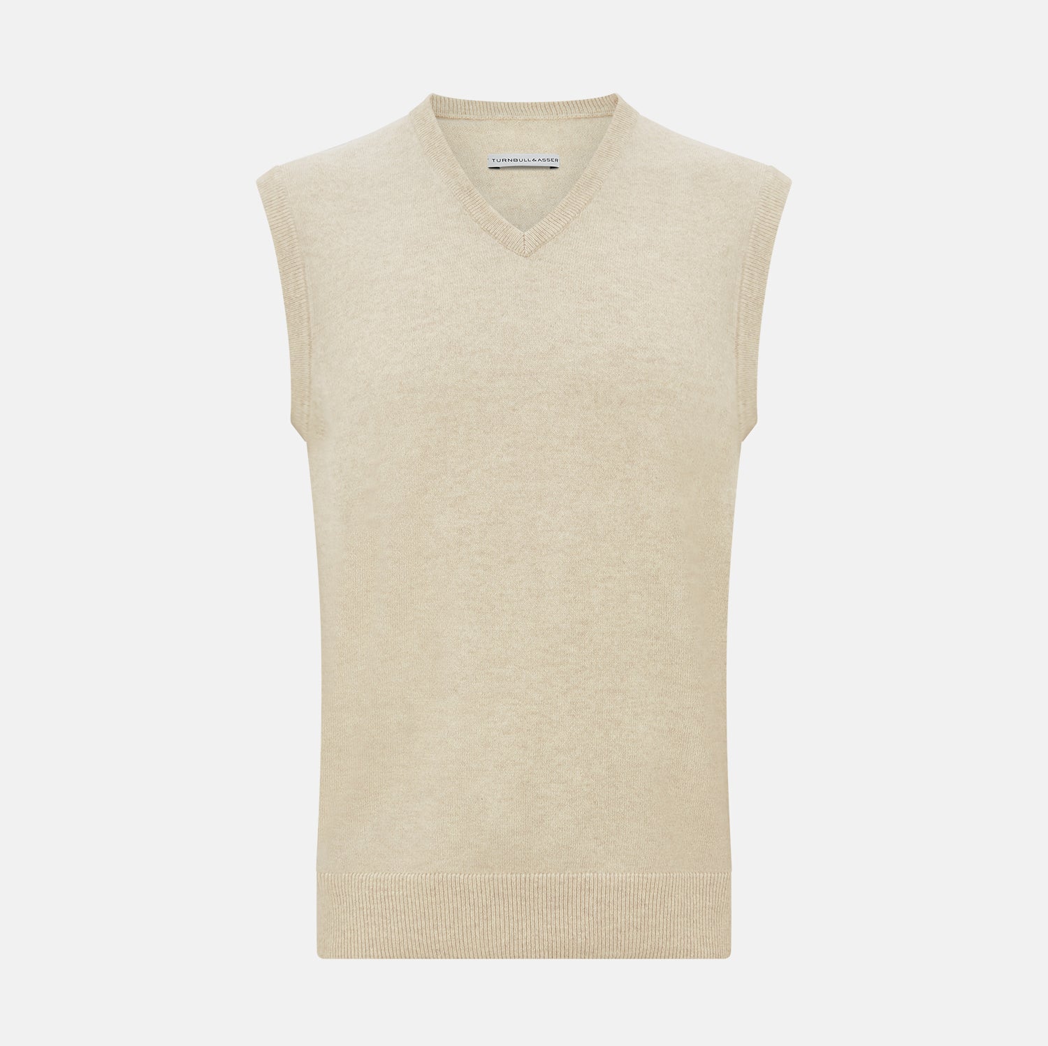 View 1 of product The Turnbull & Asser Cream Cashmere V-neck Vest features a sleeveless design and ribbed hem, presented on a plain white background—a refined update to the classic men’s sweater.