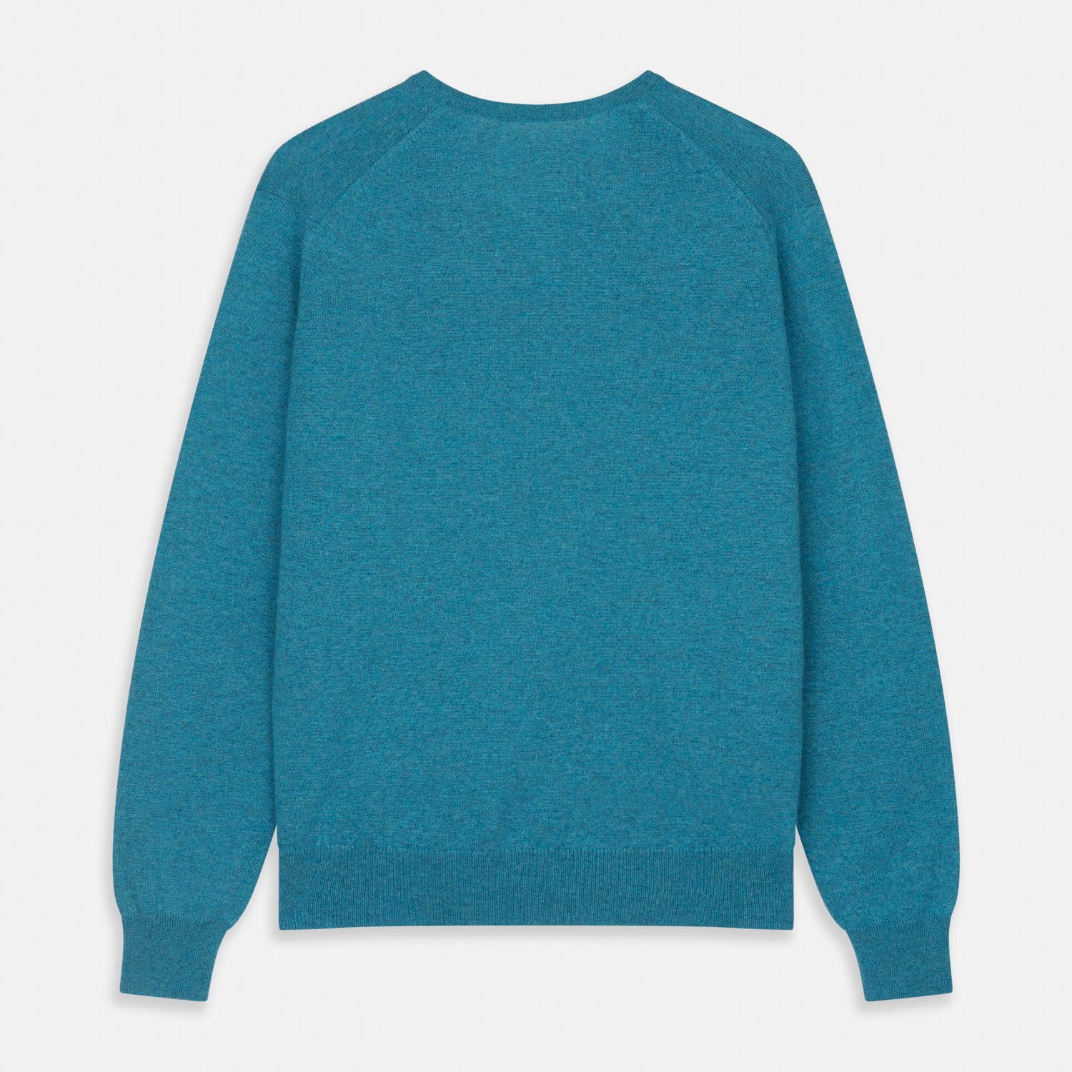 View 3 of product The Teal Paden V-Neck Jumper by Turnbull & Asser is a pure cashmere sweater in teal blue, featuring long sleeves with ribbed cuffs and hem, shown flat on a light gray background.