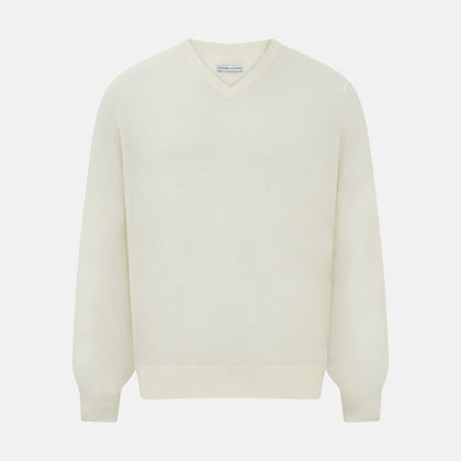 Cream Fine Merino V-Neck Jumper Image 6