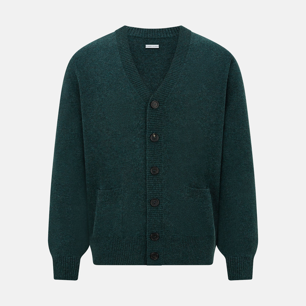 Turnbull & Asser’s Green Melange Cashmere Cardigan features a V-neck, long sleeves, ribbed cuffs and hem, two front pockets, and a button-up front—an essential knitwear piece shown against a white background.