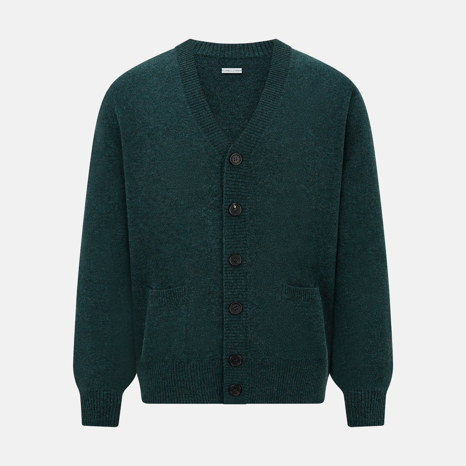 View 1 of product Turnbull & Asser’s Green Melange Cashmere Cardigan features a V-neck, long sleeves, ribbed cuffs and hem, two front pockets, and a button-up front—an essential knitwear piece shown against a white background.