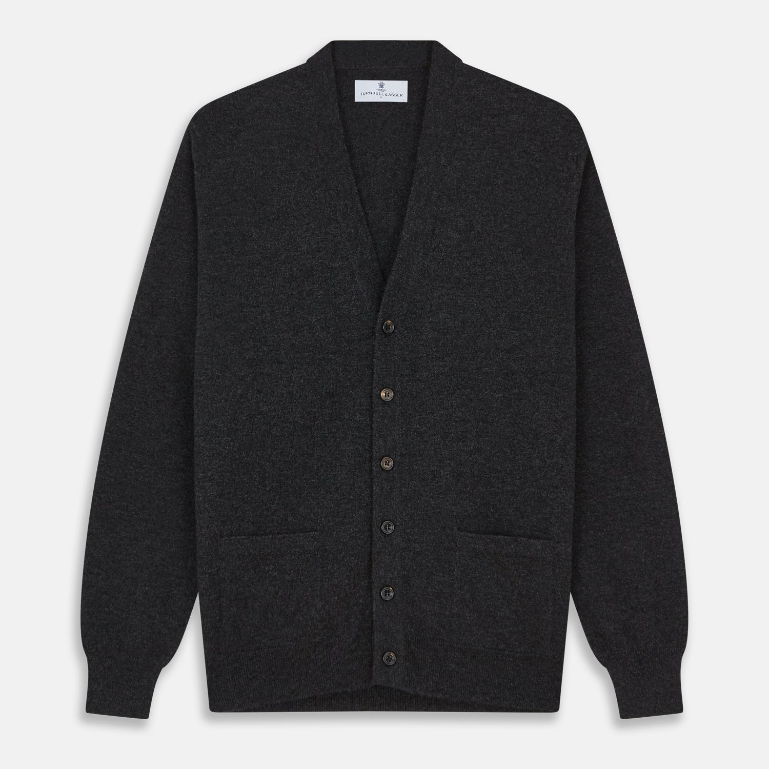 View 1 of product The Turnbull & Asser Charcoal Lachlan Cashmere Cardigan features long sleeves, a V-neck, button-down front, two pockets, and ribbed cuffs—ideal for smart-casual layering—shown laid flat on a white background.