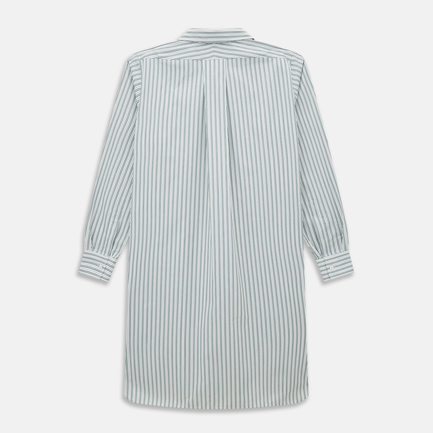 View 3 of product The Green Double Stripe Quarzo Nightshirt by Turnbull & Asser is a relaxed-fit, long-sleeve, knee-length Italian cotton shirt dress with a collar, partial button-down front, chest pocket, and buttoned cuffs in green and white stripes.