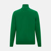View 3 of product The Grass Green Half-Zip Cashmere Jumper by Turnbull & Asser is a long-sleeve knitwear pullover with a high collar and front half-zip closure, shown against a plain white background.