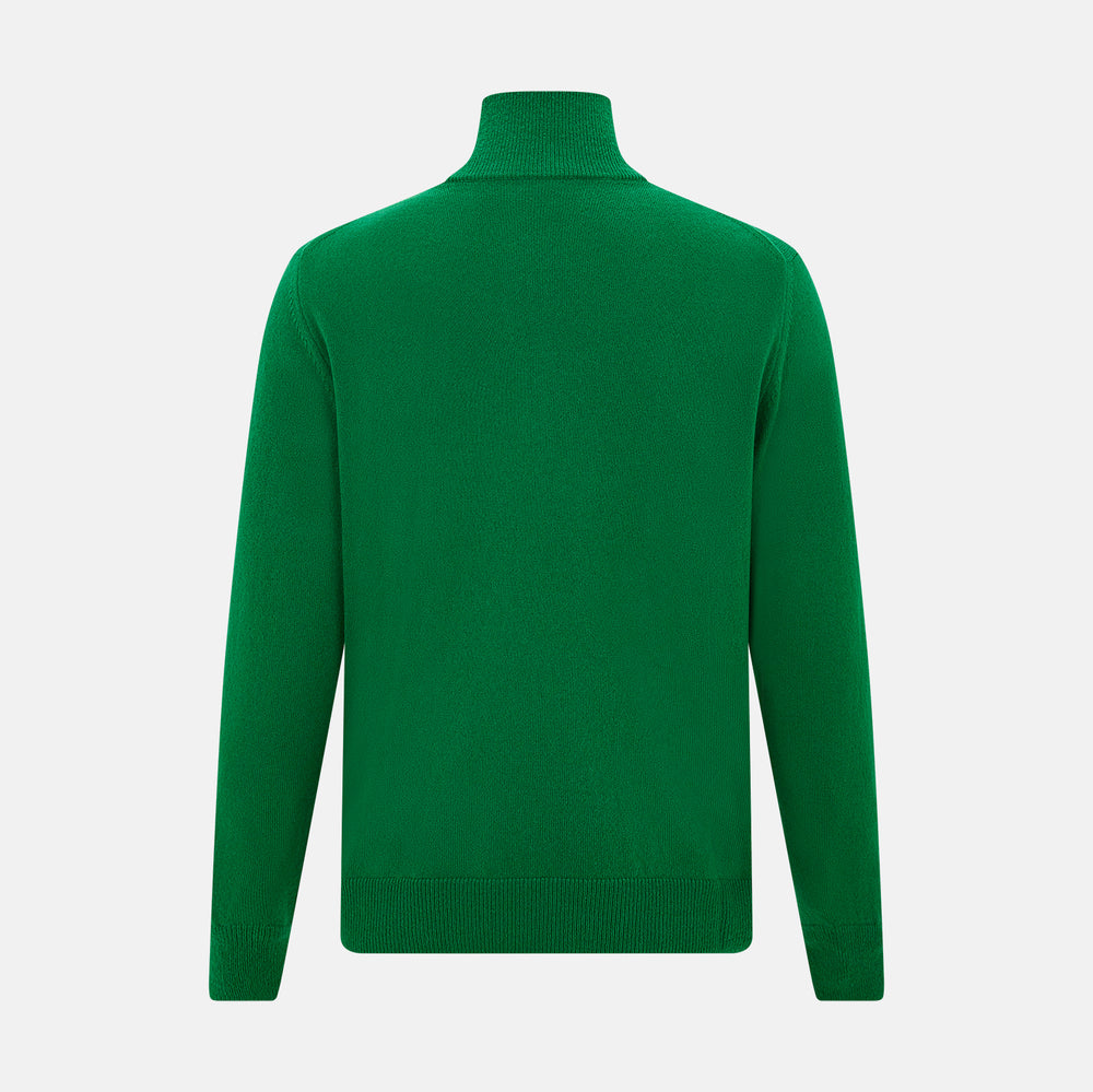The Grass Green Half-Zip Cashmere Jumper by Turnbull & Asser is a long-sleeve knitwear pullover with a high collar and front half-zip closure, shown against a plain white background.