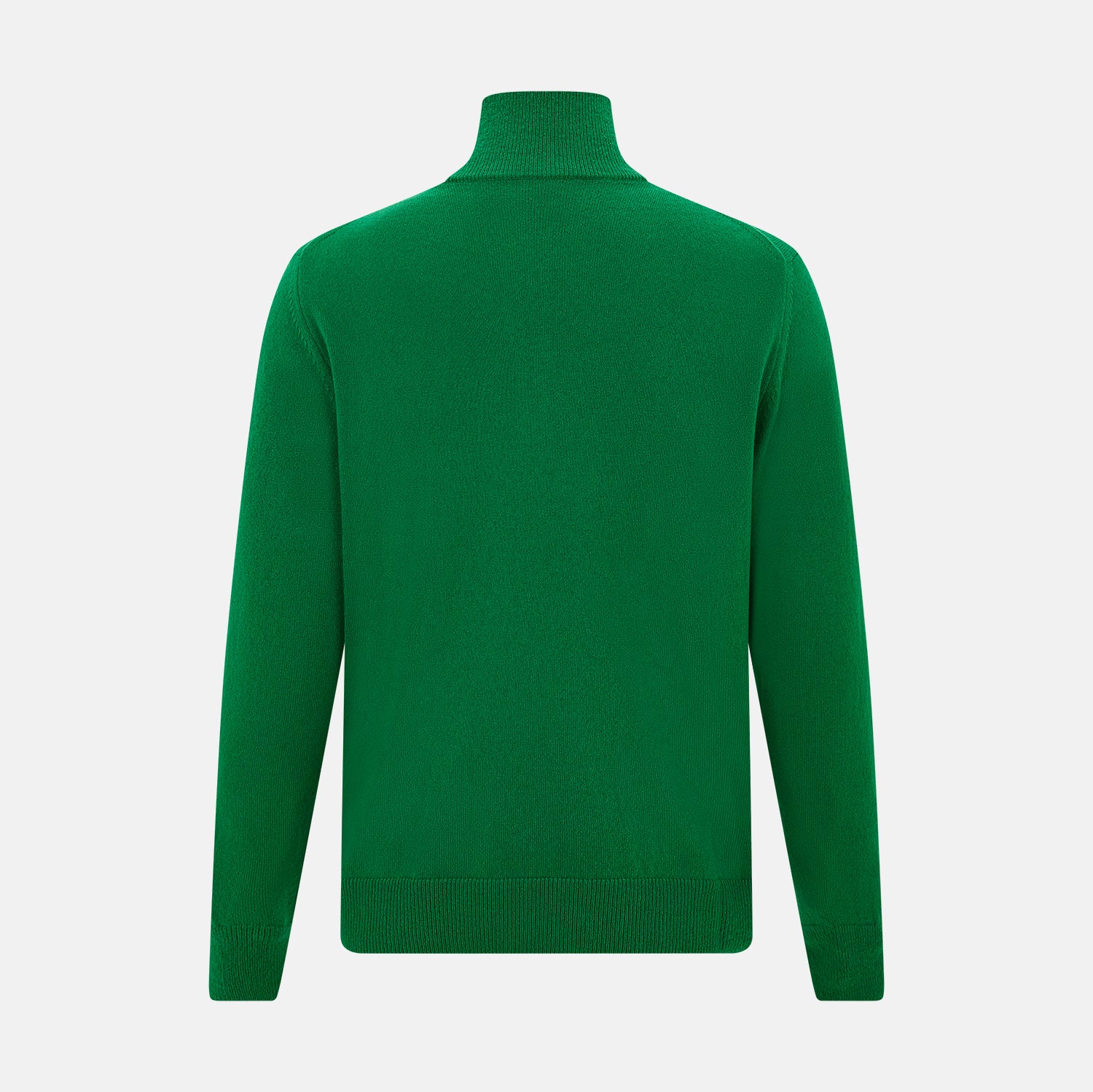 View 3 of product The Grass Green Half-Zip Cashmere Jumper by Turnbull & Asser is a long-sleeve knitwear pullover with a high collar and front half-zip closure, shown against a plain white background.