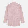 View 5 of product The Turnbull & Asser Orange and White Stripe Cotton Regular Fit Mayfair Shirt features vertical stripes, a classic collar, and buttoned cuffs—an essential men’s wardrobe piece, shown laid flat on a white background.
